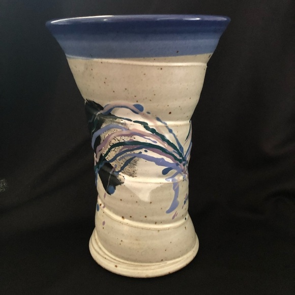 Vintage Artist Signed Cunningham Large Studio Pottery Vase - 1995 Tan Blue Mauve - Picture 2 of 13